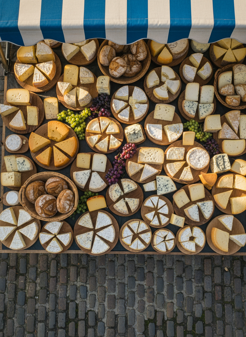 An elegant overhead view of a market stall display in Suffolk, featuring neatly aligned wheels and wedges of British and continental artisan cheeses, each resting on individual wooden boards or slate slabs. Small clusters of grapes and rustic bread loaves add subtle color without dominating the scene. The stall’s striped canopy edge appears at the top of the frame, and cobbled paving just visible at the bottom. Gentle morning sunlight filters under the canopy, creating soft highlights on the cheese rinds and a calm, sophisticated market ambience. Photographic realism with sharp focus throughout captures the abundance and order of the display.