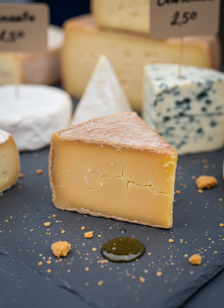 A close-up, photographic image of a single, wedge-cut artisan cheddar with a natural clothbound rind, its crumbly, slightly crystalline interior glowing a warm golden hue. The wedge sits on a dark slate tile sprinkled with a few biscuit crumbs and a small pool of honey. In the background, softly blurred outlines of other continental cheeses and handwritten-style price markers suggest a Suffolk market stall. Soft overcast daylight from above creates even, diffused lighting, emphasizing texture without harsh shadows. Composed using the rule of thirds, the mood is refined and contemplative, focusing on quality and detail.