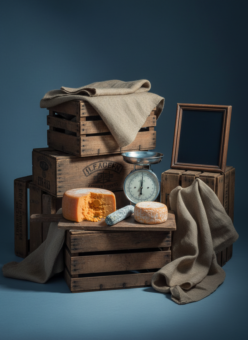 A refined still-life of a travel-ready market setup: stacked wooden crates, folded hessian cloths, and a compact selection of artisan British and continental cheeses arranged as if just unloaded for a pop-up stall in Suffolk. A clothbound cheddar, a small goat’s log, and a washed-rind round sit together on a single plank, accompanied by a simple stainless-steel scale and an antique-style chalkboard frame with no legible text. Soft early-morning light illuminates the scene from the side, with cool blue tones in the shadows, conveying quiet anticipation before the market begins. Photographic realism, composed with asymmetrical balance, underscores mobility and craft.