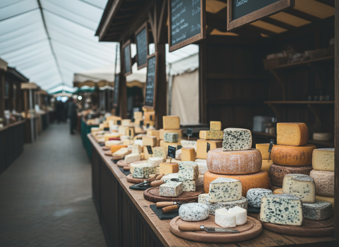 A narrow, cinematic view down a row of covered market stalls in Suffolk, focusing on one refined artisan cheese stall in the foreground. A long wooden counter is filled with stacked wheels of British and continental cheeses, some bound in cloth, others with mottled natural rinds, carefully arranged by size. Chalkboard-style signage is hinted at in soft focus without readable text. Cool, diffused daylight from an overcast sky creates an even, gentle illumination, with slight reflections on the cheese knives and boards. Photographic realism with a shallow depth of field isolates the stall, giving an understated, sophisticated mood and a sense of discovery.