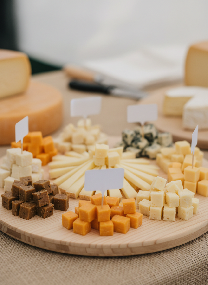 An intimate, photographic close-up of a mixed cheese tasting plate prepared for market sampling: small, precisely cut cubes and slivers of British and continental artisan cheeses arranged in concentric arcs on a pale wooden board. A few tiny labels without text are stuck near groups of cheeses, adding structure without distracting. The board rests on a hessian-covered table with faint glimpses of other cheeses beyond, blurred into creamy bokeh. Soft, diffused natural light from an overhead canopy creates minimal shadows and a calm, sophisticated tone. Shot from a slightly elevated angle, the image emphasizes refinement, variety, and attention to detail.