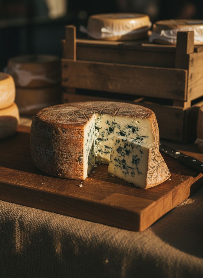 A moody, close-up side view of a large wheel of blue cheese being presented on a heavy wooden board at an outdoor Essex market stall. A generous wedge has been removed, revealing intricate blue marbling against a buttery ivory paste. The cut surface glistens slightly under soft, golden hour sunlight, which streams in from the left, casting long, elegant shadows across the hessian-covered table. In the softly blurred background, outlines of other round cheeses and stacked crates suggest a well-stocked stall. Photographic realism, with strong emphasis on texture and contrast, creates a sophisticated, indulgent atmosphere.