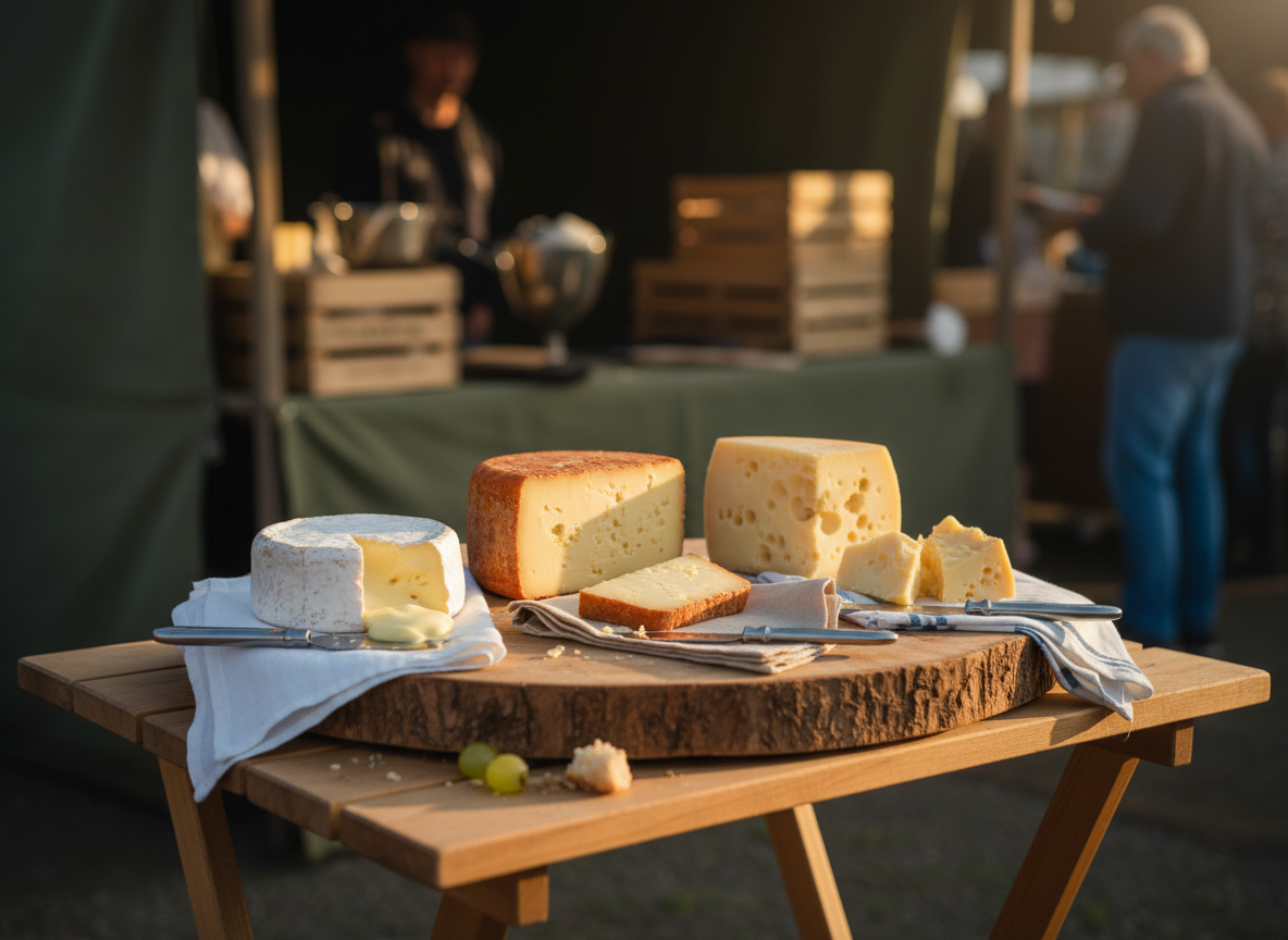 A refined still-life scene of a tasting setup on a portable trestle table at an Essex farmers’ market, showcasing three contrasting artisan cheeses: a creamy soft brie-style, a washed-rind semi-soft, and a firm alpine-style with tiny holes. Each cheese is partially sliced, revealing its interior, with a small stainless steel knife resting on a linen napkin. The background shows a subtle blur of canvas stall walls and stacked wooden crates. Warm, low-angle afternoon sunlight grazes across the cheeses, creating delicate rim lighting and gentle shadows. Photographic realism, shot from a slightly elevated angle, conveys a sophisticated yet approachable atmosphere.