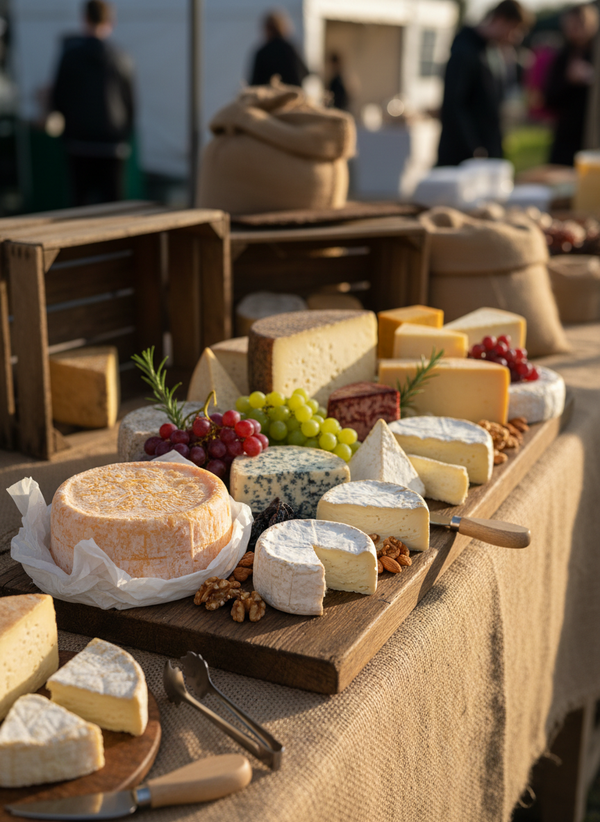 A carefully arranged cheeseboard overflowing with artisan British and continental cheeses, from a cloth-wrapped Cheshire to a veined blue Stilton and a pale, bloomy-rind French brie. The cheeses rest on a weathered oak board set atop a hessian-draped market stall table. Behind them, soft-focus wooden crates hint at a bustling Essex farmers’ market. Late afternoon natural light filters in from the side, catching the textured rinds and creamy interiors, casting gentle shadows. Photographic realism, shot at eye level with a shallow depth of field, creates a sophisticated yet rustic atmosphere, highlighting the craftsmanship and variety of the cheeses.